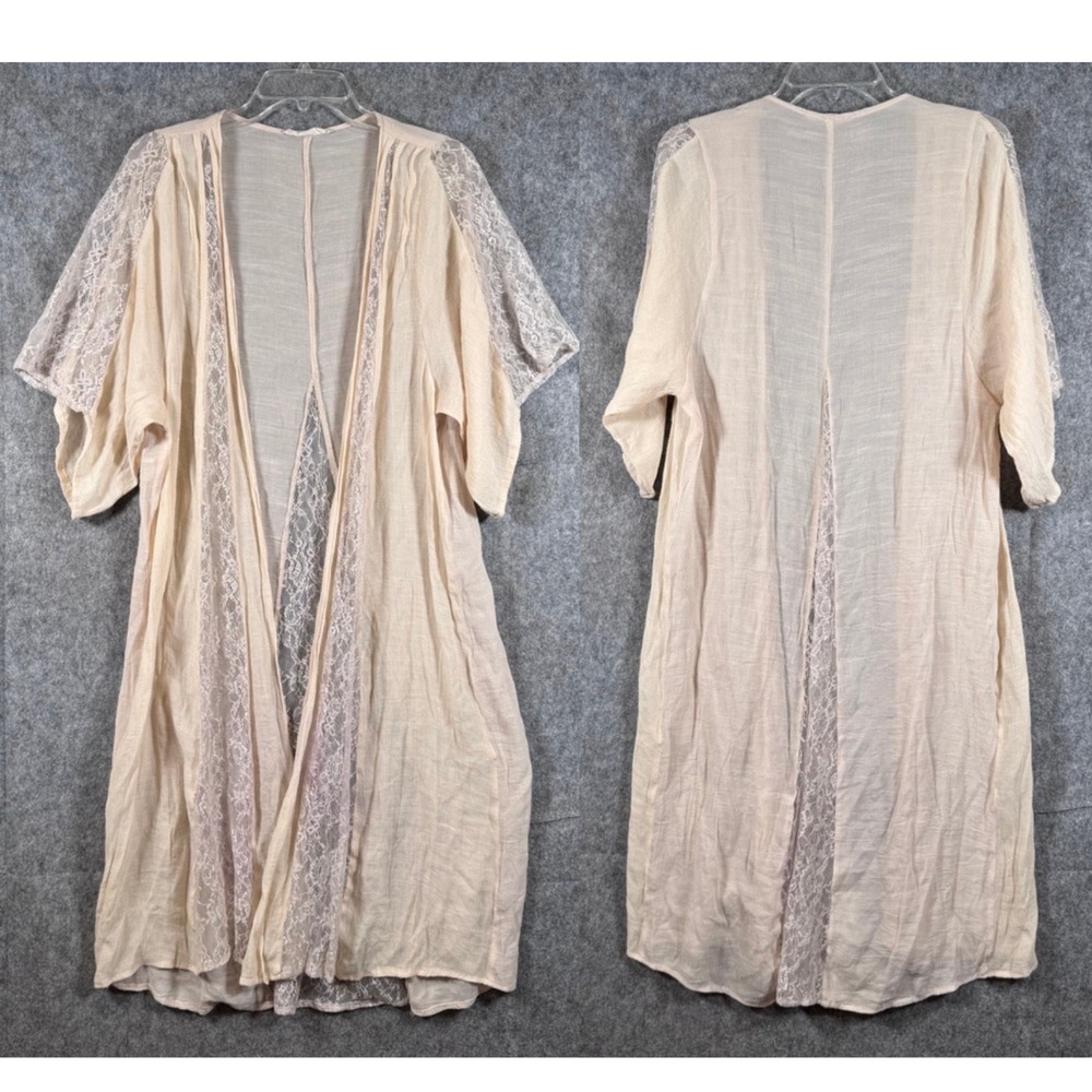 Boho Cottage Gypsy Duster Womens Large Gauzy Lace Cardigan Country Beige